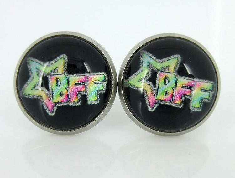 Summerfield Collection Stainless Steel Best Friends Print Glass Stud Earrings 12mm (Neon Star)