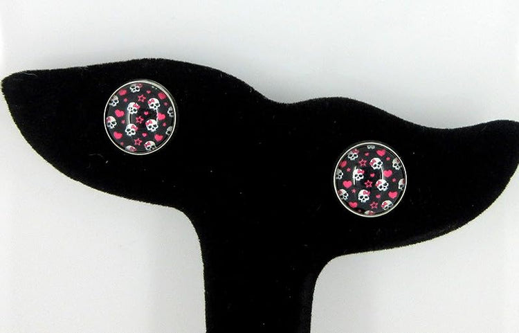 Summerfield Collection Stainless Steel Neon Pink Black White Skull Print Glass Stud Earrings 12mm