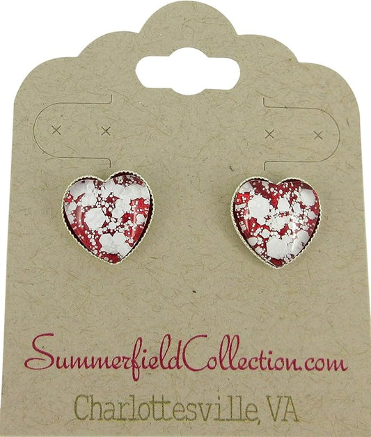 Summerfield Collection Silver-tone Red and White Glitter Glass Heart Stud Earrings Hand-painted