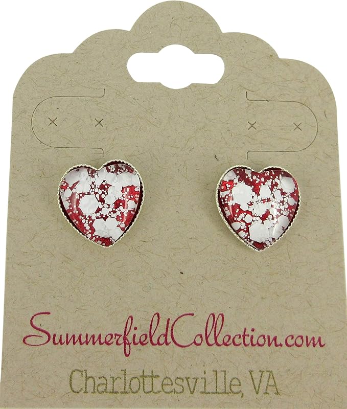Summerfield Collection Silver-tone Red and White Glitter Glass Heart Stud Earrings Hand-painted
