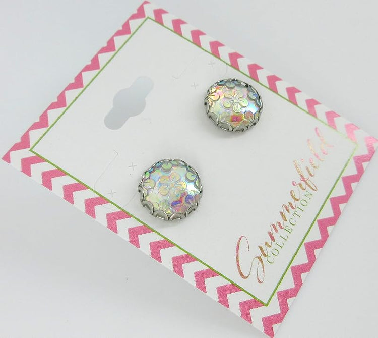 Summerfield Collection Stainless Steel Iridescent Clear AB Flower Resin Stud Earrings 12mm Translucent