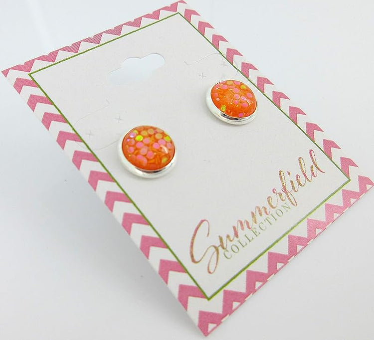Summerfield Collection Shiny Silver-tone Iridescent Glitter Resin Stud Earrings 10mm (Orange)