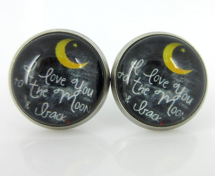 Summerfield Collection Stainless Steel I Love You to the Moon and Back Print Glass Stud Earrings 12mm (Crescent Moon)