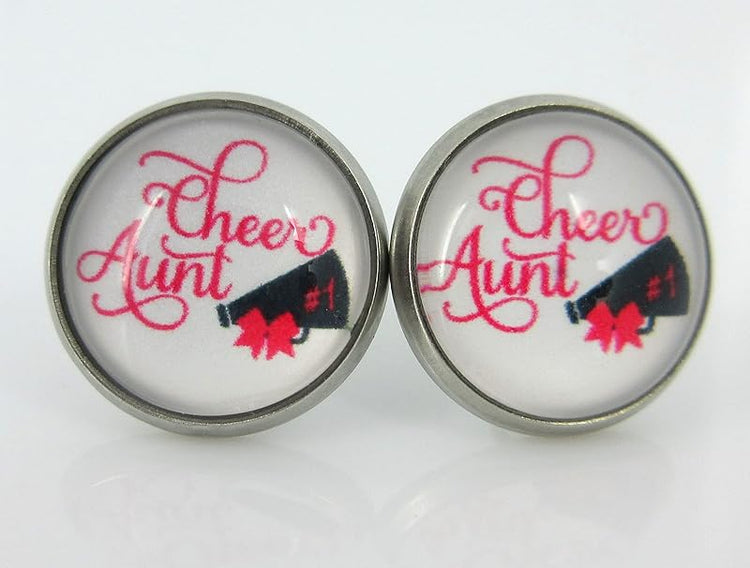 Summerfield Collection Stainless Steel Cheer Printed Glass Stud Earrings 12mm (Cheer Aunt)