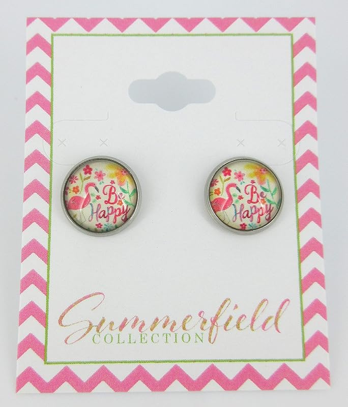 Summerfield Collection Stainless Steel Be Happy Flamingo Print Glass 12mm Stud Earrings