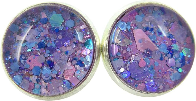 Summerfield Collection Silver-tone Purple Unicorn Mix Glitter Glass Stud Earrings Hand-painted 12mm