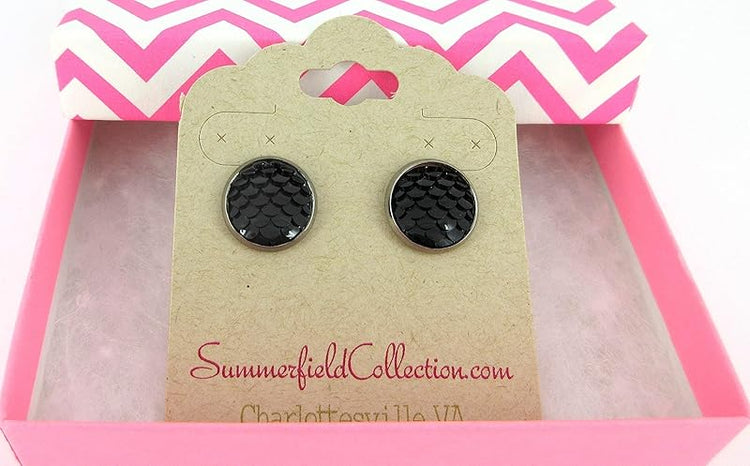 Summerfield Collection Hematite-tone Black Dragon Scale Stud Earrings 12mm Mermaid