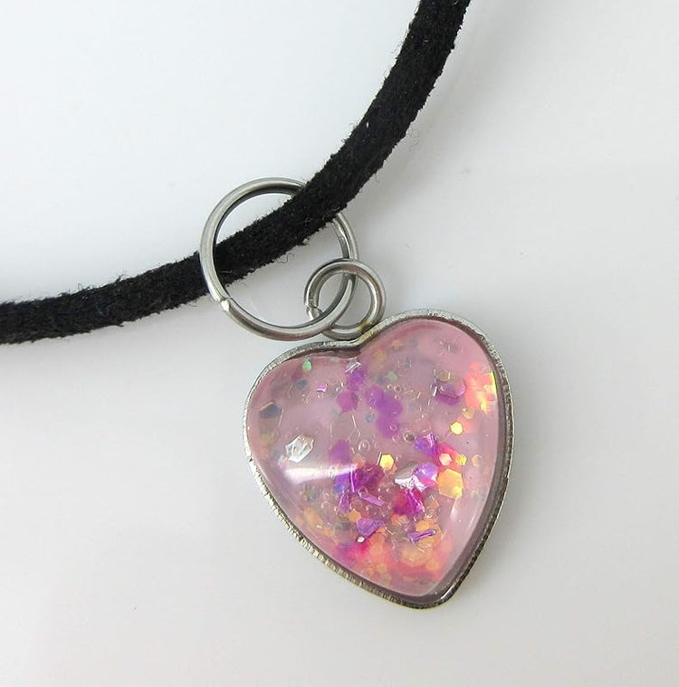 Summerfield Collection Ballet Pink Hand-painted Glass Heart Choker Necklace Faux Black Suede Cord Dangle Earrings Set