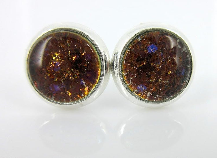 Summerfield Collection Silver-tone Bronze and Purple Glitter Glass Stud Earrings Hand-painted 8mm