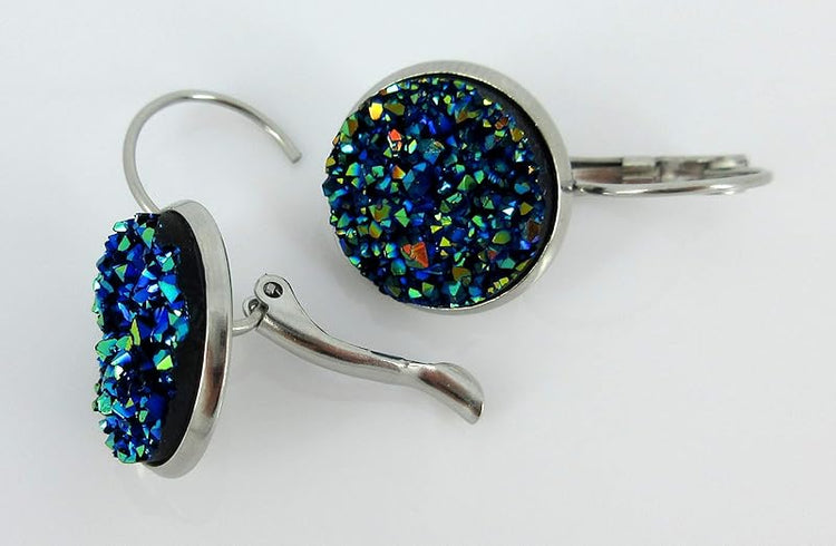 Summerfield Collection Stainless Steel Faux Druzy Stone Lever-back Drop Earrings 14mm (Blue/Green/Yellow)
