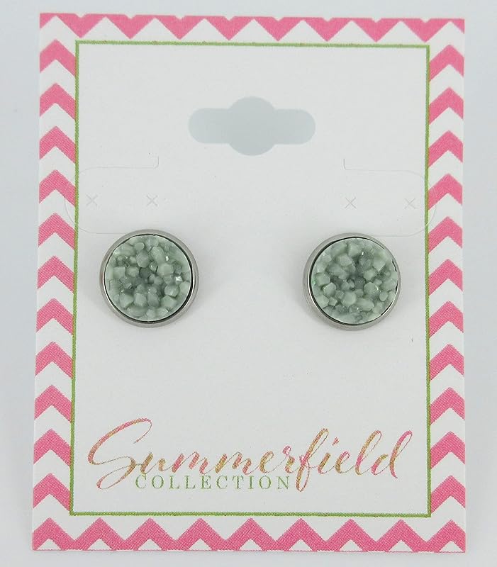 Summerfield Collection Stainless Steel Matte Faux Druzy Stone Stud Earrings 10mm (Light Sage)