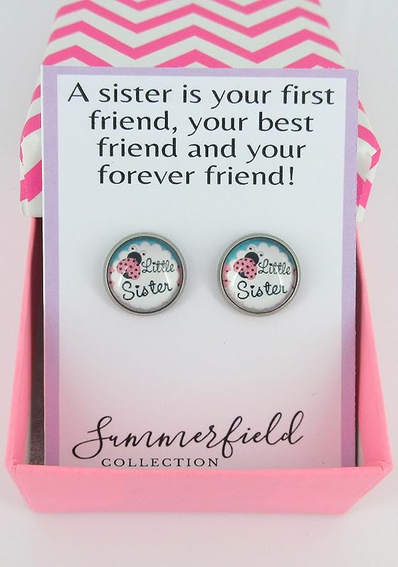 Summerfield Collection Stainless Steel Sister Print Glass Stud Earrings 12mm (Little Sister)