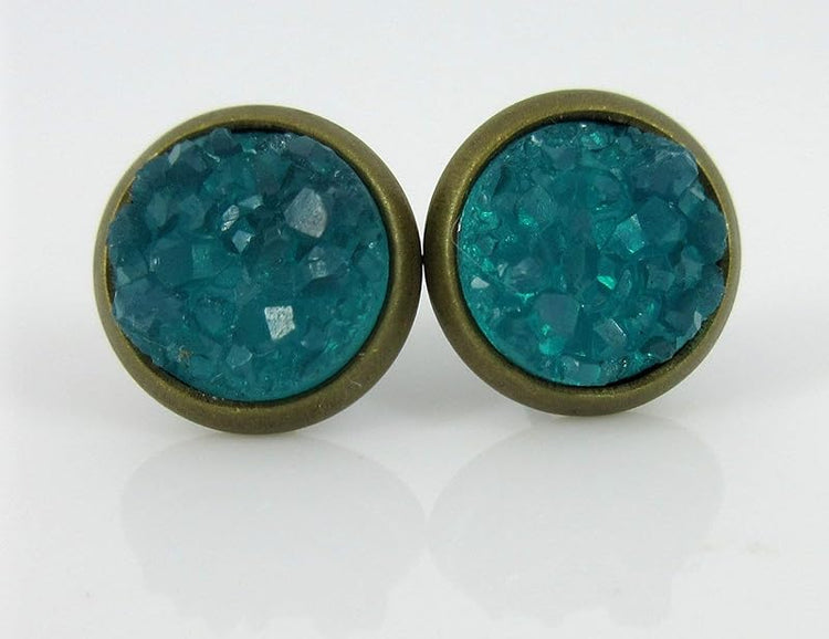 Summerfield Collection Trio Antiqued Gold-tone Stud Earrings 8mm Teal Pink Navy Blue Faux Druzy Stone Set (Teal/Pink/Navy Blue)