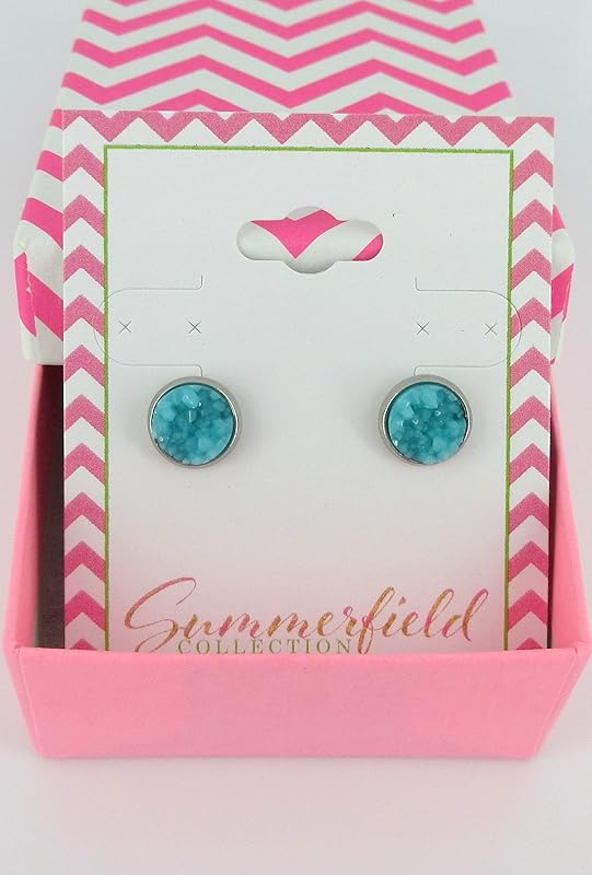Summerfield Collection Stainless Steel Matte Faux Druzy Stone Stud Earrings 8mm (Aqua Blue)