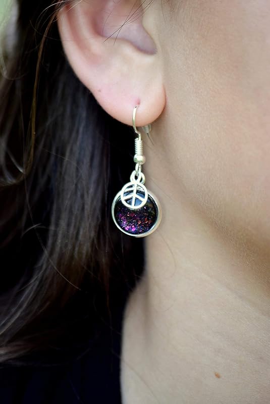 Summerfield Collection Silver-tone Black Rainbow Duochrome Flake Glitter Glass Peace Sign Charm Dangle Earrings
