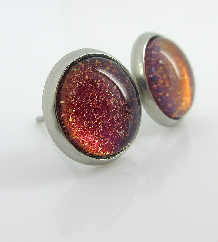 Summerfield Collection Stainless Steel Blue Red Purple and Gold Glitter Glass Stud Earrings Hand-painted 10mm