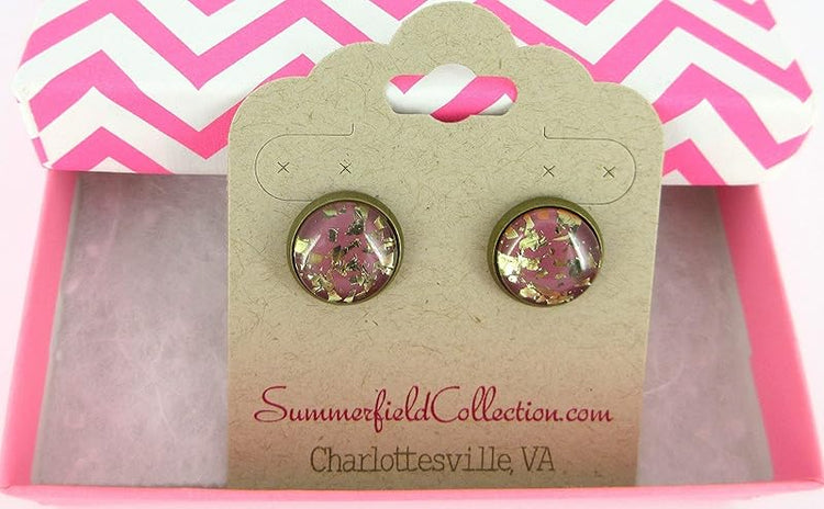 Summerfield Collection Antiqued Gold-tone Plum Berry Glitter Glass Stud Earrings 12mm Hand-painted