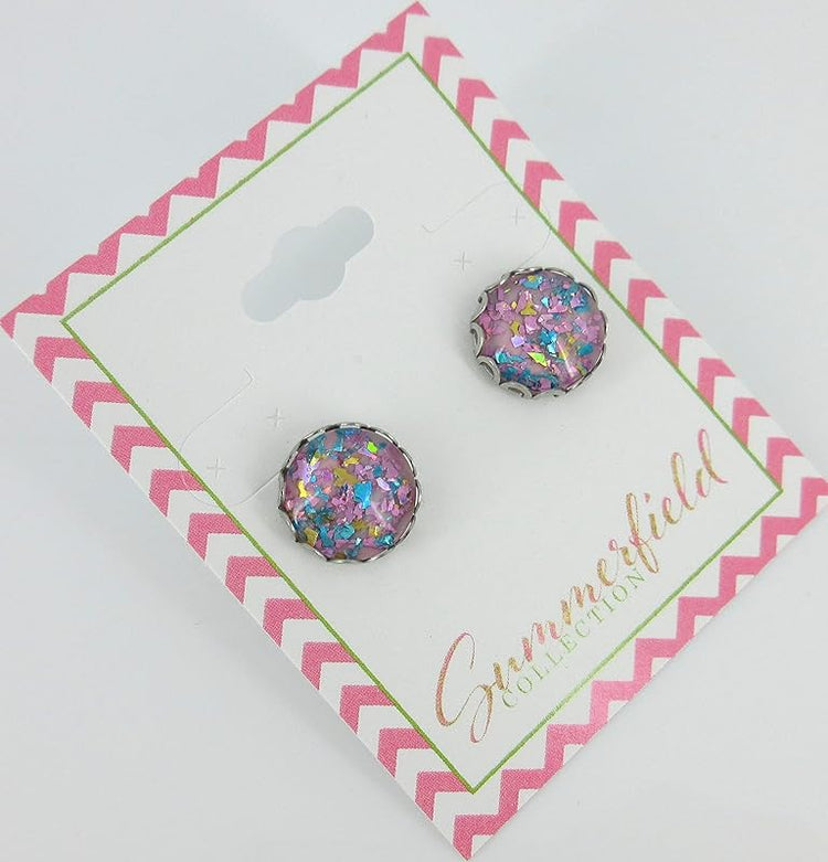 Summerfield Collection Stainless Steel Unicorn Shard Glitter Glass Stud Earrings Hand-painted 12mm