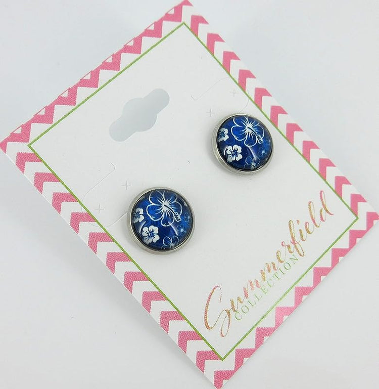 Summerfield Collection Stainless Steel Hibiscus Flower Print Glass Stud Earrings 12mm Hawaiian (Royal Blue)