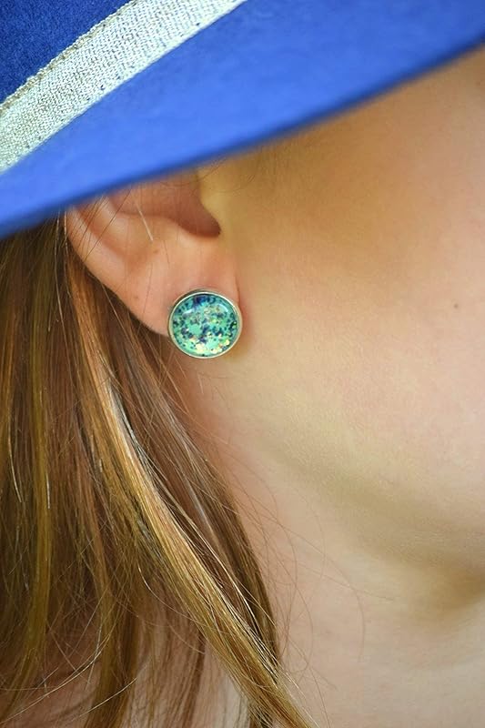 Summerfield Collection Silver-tone Mermaid Tail Glitter Glass Stud Earrings Hand-painted 12mm