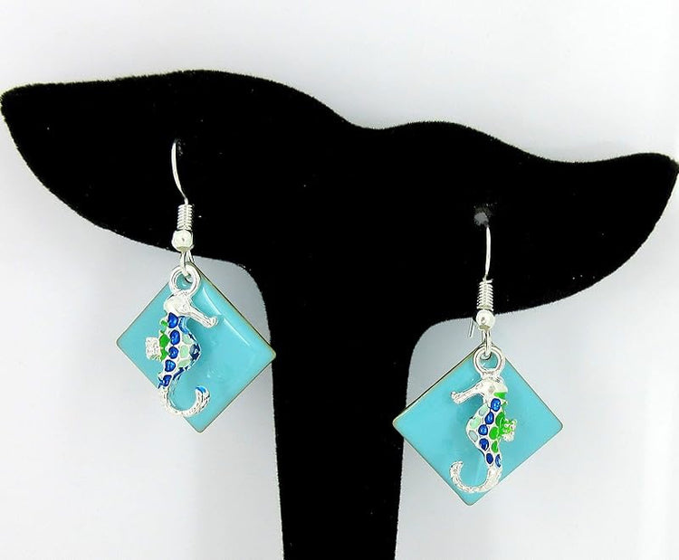 Summerfield Collection Silver-tone Blue Enamel Seahorse Charm Dangle Earrings