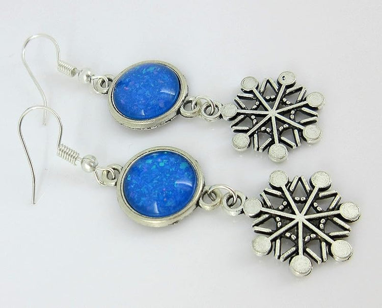 Summerfield Collection Antiqued Silver-tone Cobalt Blue Glitter Glass Dangle Earrings Snowflake Charm Hand-painted