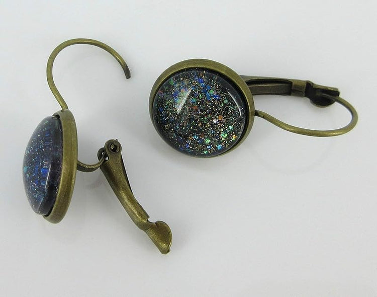 Summerfield Collection Antiqued Gold-tone Black Glitter Glass Lever-back Drop Galaxy Earrings Hand-painted