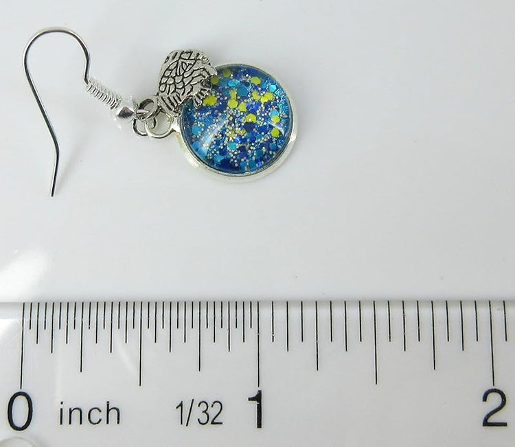 Summerfield Collection Silver-tone Blue Yellow and Holographic Glitter Glass Fish Charm Dangle Earrings Hand-painted