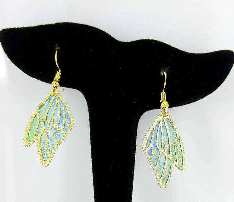 Summerfield Collection Gold Tone Butterfly Wing Fabric Dangle Earrings (Blue and Green Double Wing)