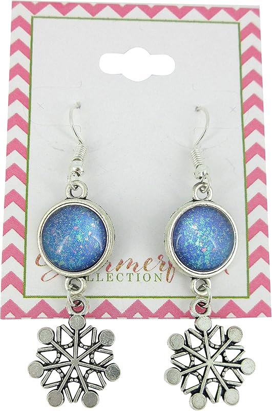 Summerfield Collection Antiqued Silver-tone Blue Purple Glitter Glass Dangle Earrings Snowflake Charm Hand-painted