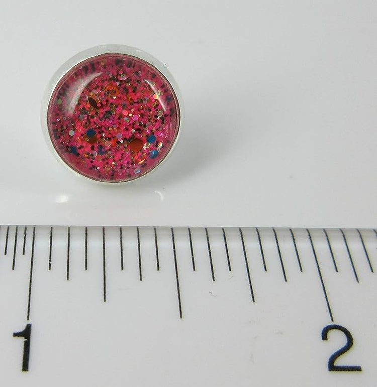 Summerfield Collection Silver-tone Hot Pink and Multi Color Glitter Glass Stud Earrings Hand-painted 12mm