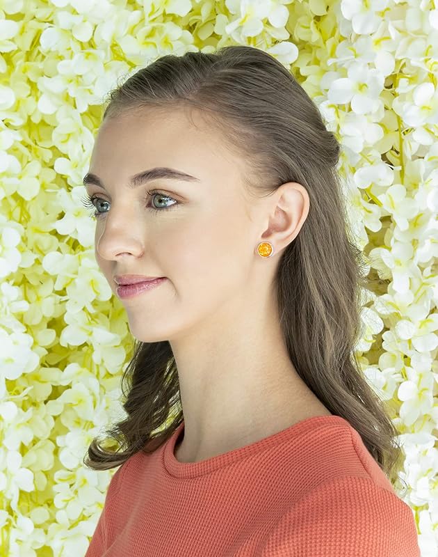 Summerfield Collection Shiny Silver-tone Iridescent Glitter Resin Stud Earrings 10mm (Orange)