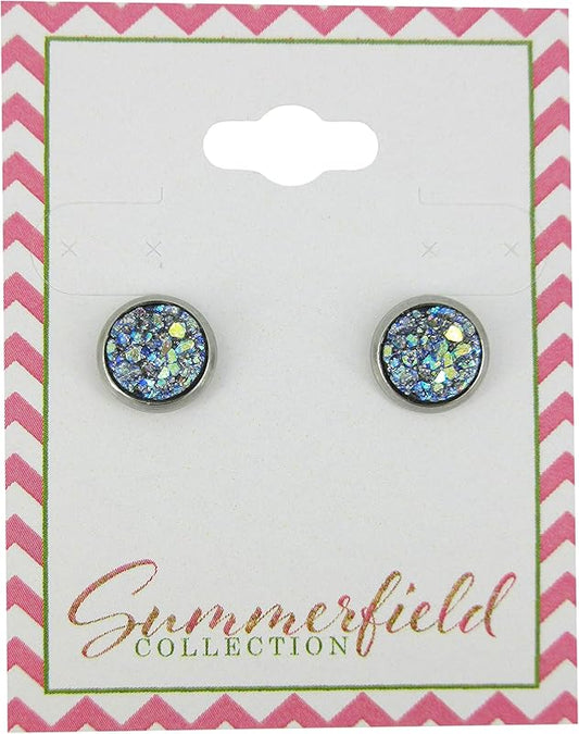 Summerfield Collection Stainless Steel Glitter Faux Druzy Stone Stud Earrings 8mm (Frost Blue)