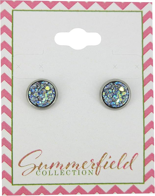 Summerfield Collection Stainless Steel Glitter Faux Druzy Stone Stud Earrings 8mm (Frost Blue)