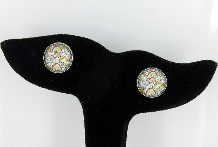 Summerfield Collection Stainless Steel Yellow Blue Vintage Rainbows Print Glass Stud Earrings 12mm Dots