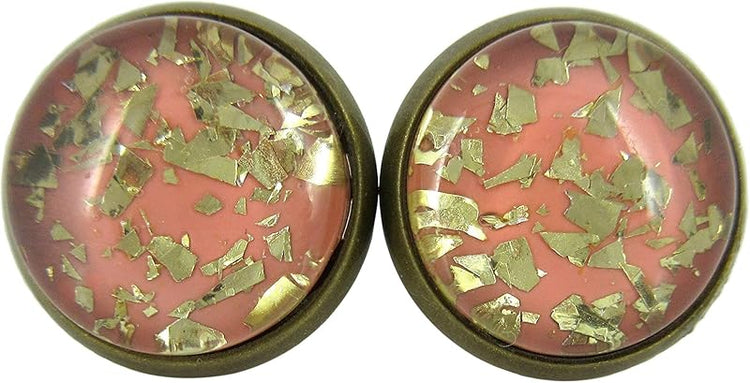 Summerfield Collection Antiqued Gold-tone Peach Glitter Glass Stud Earrings 12mm Hand-painted