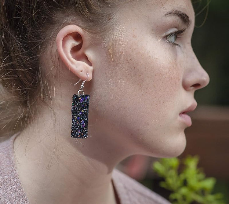 Summerfield Collection Silver-tone Glitter Faux Leather Large Rectangle Dangle Earrings (Black and Rainbow)
