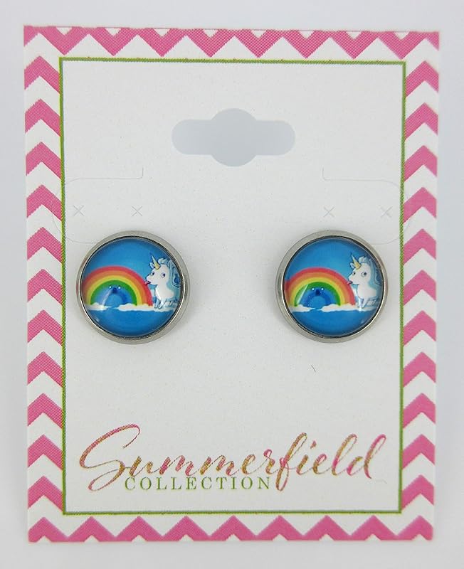 Summerfield Collection Stainless Steel Unicorn Licking Rainbow Print Glass Stud Earrings 12mm