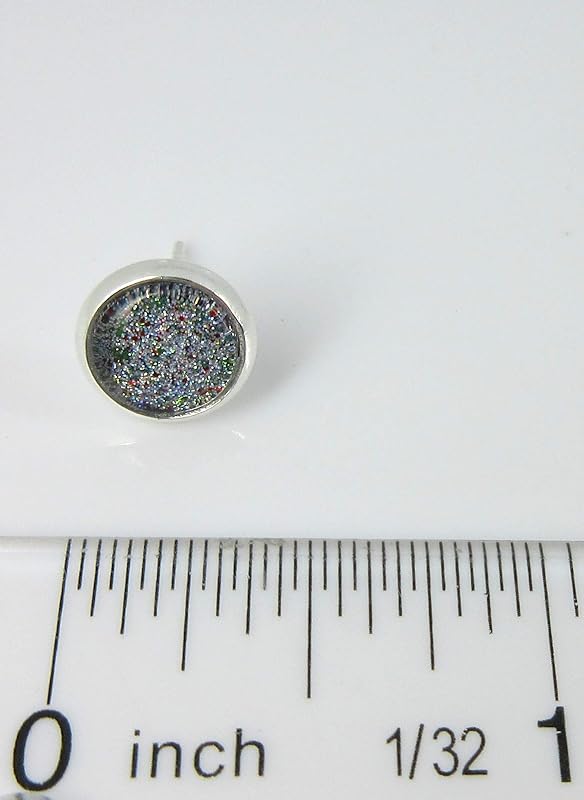 Summerfield Collection Silver-tone Green Red and Holographic Glitter Glass Stud Earrings Hand-painted 8mm
