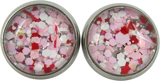 Summerfield Collection Stainless Steel Pink White Red Glitter Glass Stud Earrings Hand-painted 10mm