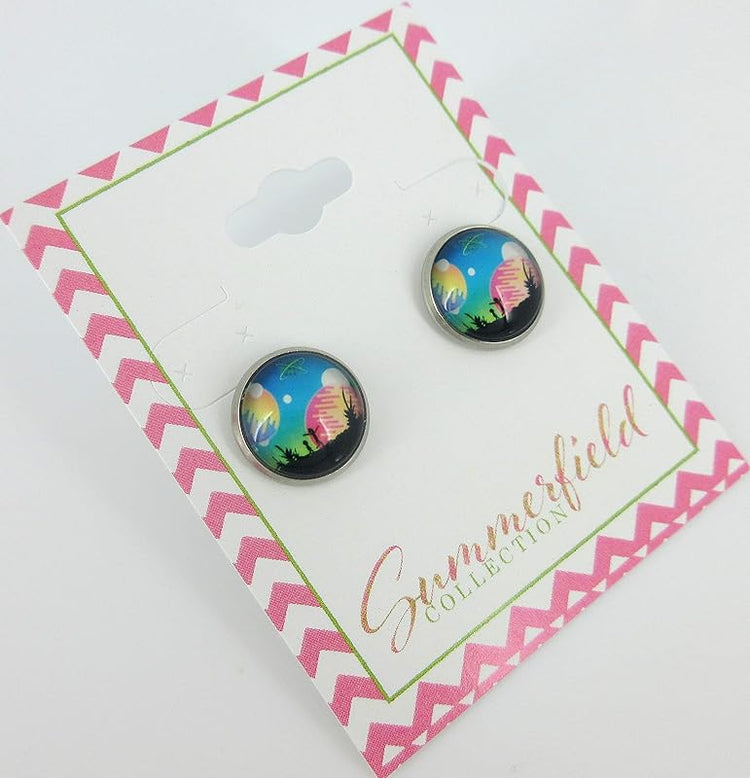 Summerfield Collection Stainless Steel Night Sky Planet Alien UFO Scene Print Glass Stud Earrings 12mm