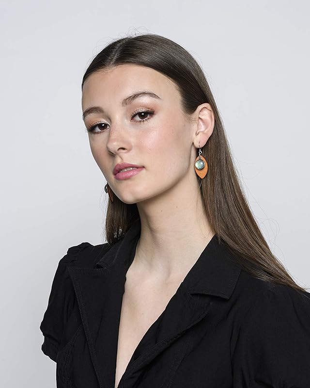 Summerfield Collection Stainless Steel Green Glitter Glass Charm Wood Leaf Dangle Earrings