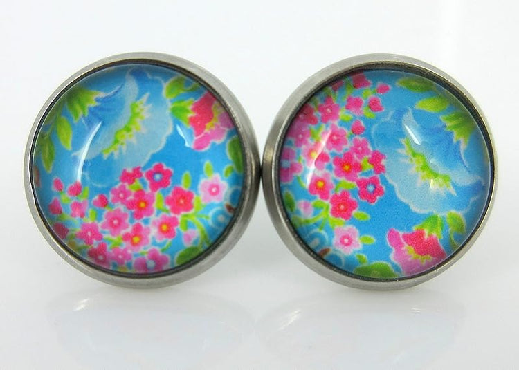 Summerfield Collection Stainless Steel Floral Printed Glass Necklace Stud Earrings Set (Blue)