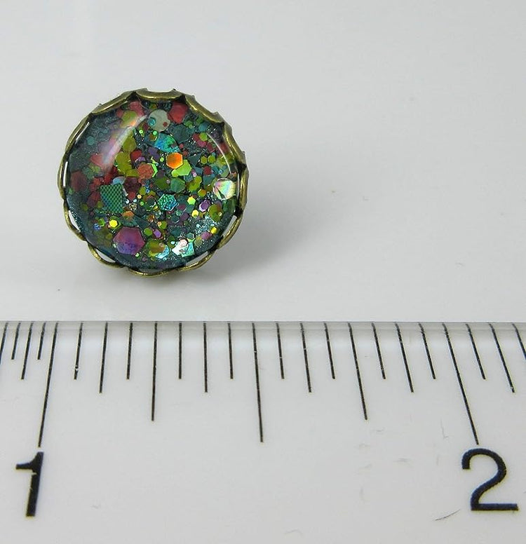 Summerfield Collection Antiqued Gold-tone Aqua Blue and Pink Glitter Glass Stud Earrings Hand-painted 12mm