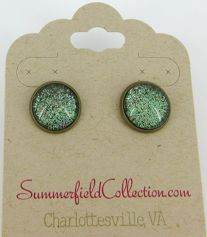Summerfield Collection Antiqued Gold-Tone Army Green Glitter Glass Stud Earrings 12mm
