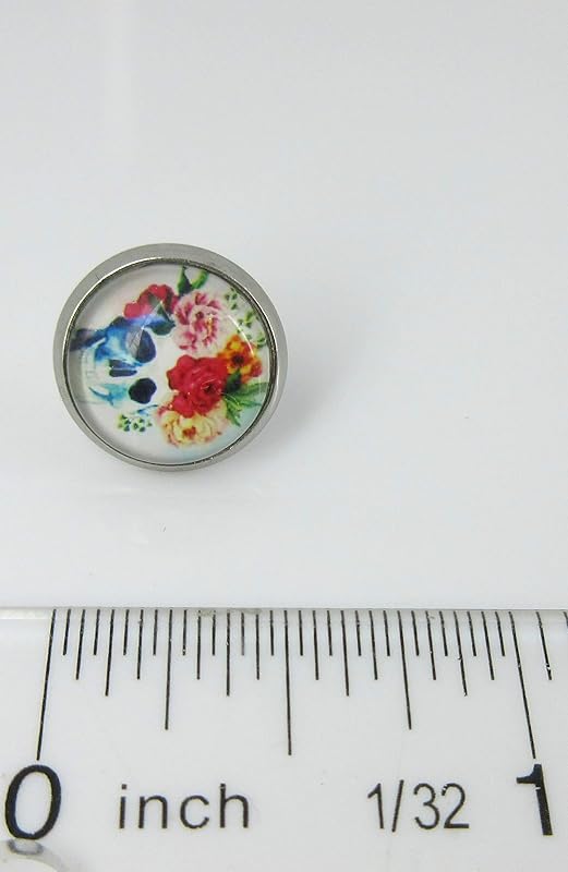 Summerfield Collection Stainless Steel Watercolor Skull with Flowers Printed Glass Stud Earrings 12mm