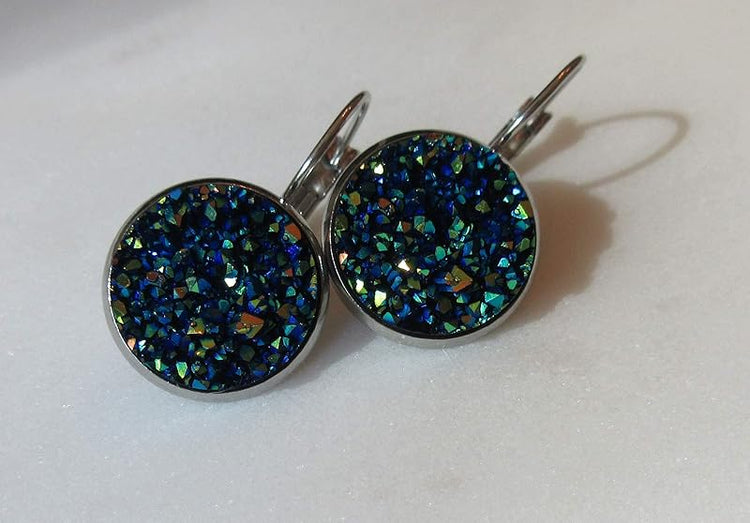 Summerfield Collection Stainless Steel Faux Druzy Stone Lever-back Drop Earrings 14mm (Blue/Green/Yellow)