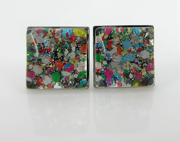 Summerfield Collection Stainless Steel Multi Color Party Confetti Glitter Glass Stud Earrings Hand-painted Square 8mm