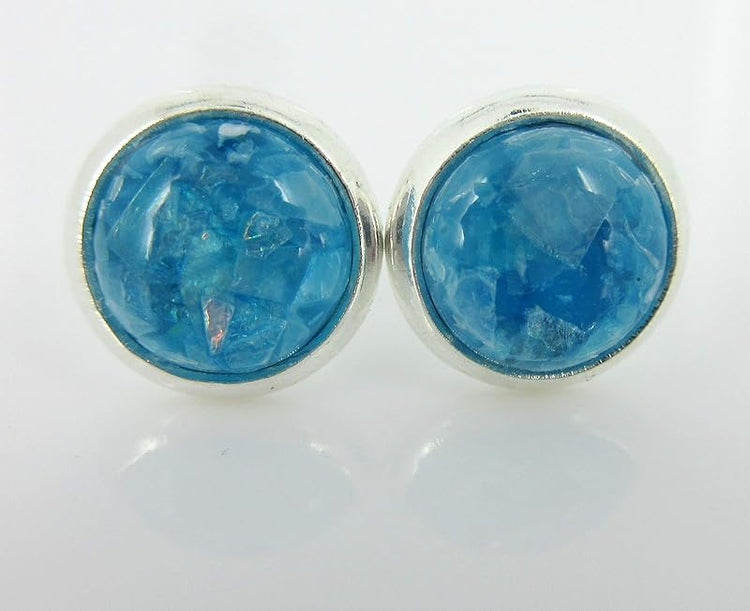 Summerfield Collection Shiny Silver-tone Opalescent Leaf Resin Stud Earrings 8mm (Aqua Blue)