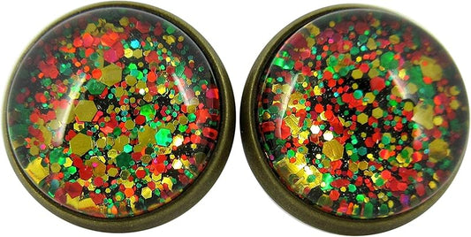 Summerfield Collection Antiqued Gold-tone Christmas Mix Glitter Glass Stud Earrings Hand-painted 12mm